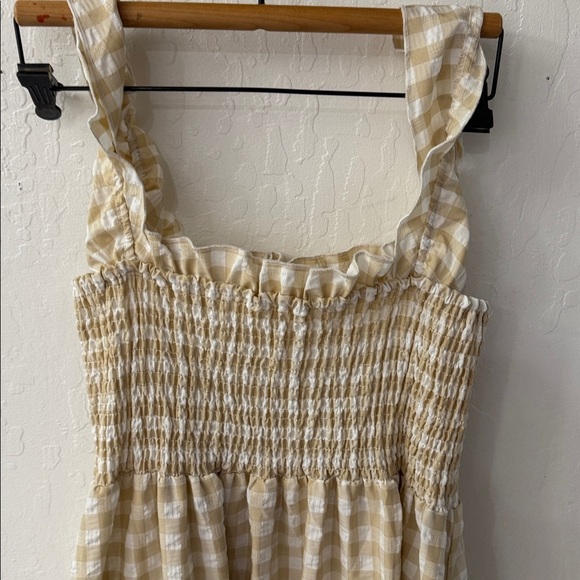 Ruffle Plaid Gingham Long Dress Shirred Stretchy Strap Flowy Retro Dress Beige - Picture 6 of 7